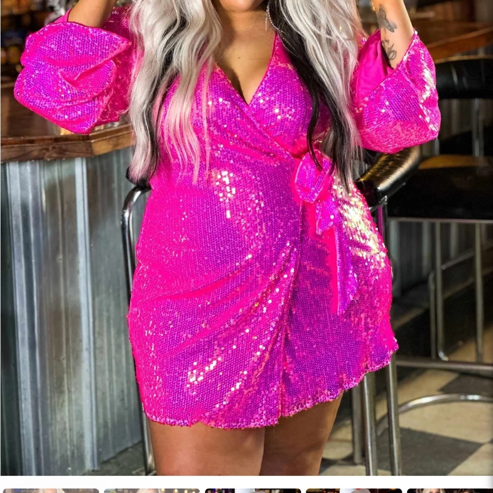 Pink sequin bell sleeve mini dress with tie waist